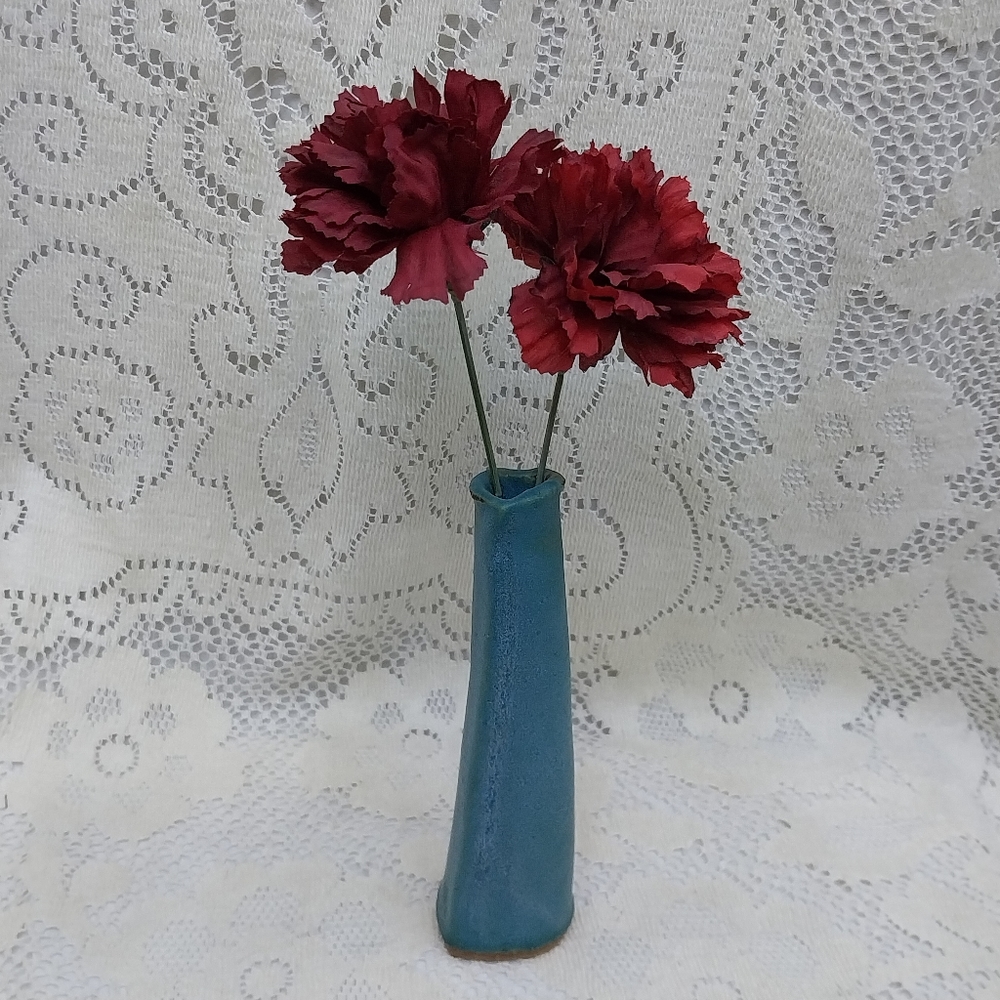 1960s Studio Art Pottery Stoneware Bud Vase Signed BTT Teal Blue Glaze Heart 6½"